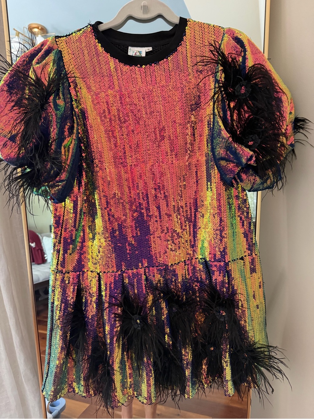 Queen of Sparkles Iridescent Sequin Feather Trim Dress - Picture 2 of 3